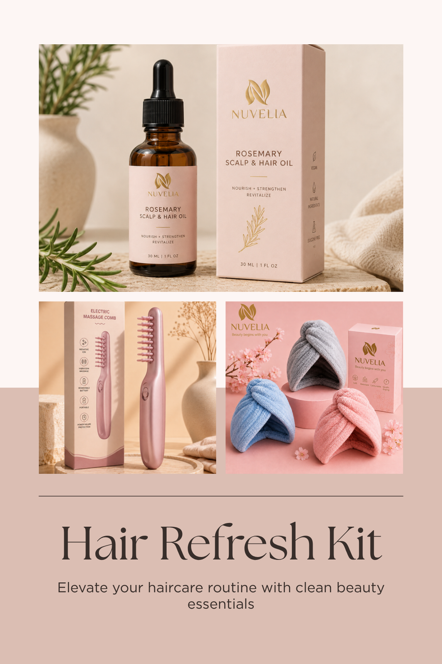 Nuvelia Hair Refresh Kit bundle — Rosemary Hair Oil, Scalp Massage Brush and Hair Wrap Set