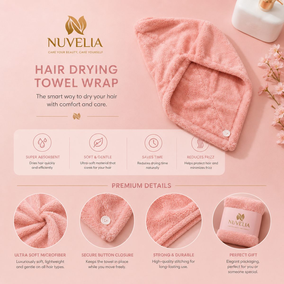 Nuvelia Quick-Dry Hair Wrap, Set of 3 – features
